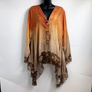 Grau Vintage Women's Art To Wear Hombre Raw Hem Button Long Sleeve Top One Size